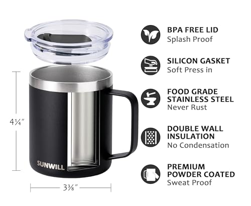 SUNWILL Travel Coffee Mug with Lid, Insulated Tumbler with Handle, 14oz Stainless Steel Cup for Camping, Outdoor, Powder Coated Black - color: Powder Coated Black