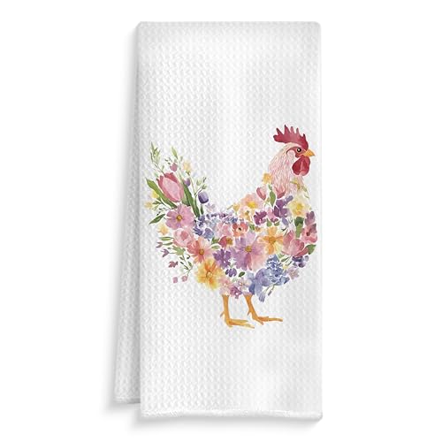 Rustic Floral Chicken Kitchen Towels, Chicken Lover Mom Lady Gifts Dish Tea Towels, Farmhouse Flower Rooster Hen Decorative Hand Towel for Bathroom Kitchen, 16x24 Inch - color: Style2