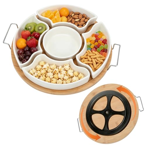 Ceramic Divided Serving Dishes with Bamboo Tray, 11.2 Inch | 360 Rotatable, Appetizer Serving Dish, For Chips & Dip
