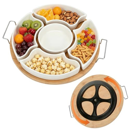 Ceramic Divided Serving Dishes with Bamboo Tray, 11.2 Inch | 360 Rotatable, Appetizer Serving Dish, For Chips & Dip