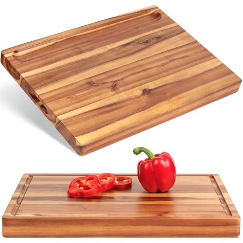 Acacia Wood Cutting Board (17x13x1.5in) and Wooden Butcher Block, Chopping Board - Reversible Multipurpose For Meat, Cheese Board, Vegetables, Bread...with Juice Groove, Cracker Holder & Inner Handles - size: 17"L x 13"W