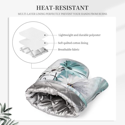 Teal Daisy Oven Mitts Pot Holders Set Silicone Heat Resistant Farm Teal Daisy Floral Flowers and Butterfly Oven Mitts and Hot Pads Potholders Non-Slip Oven Gloves for BBQ - color: Teal