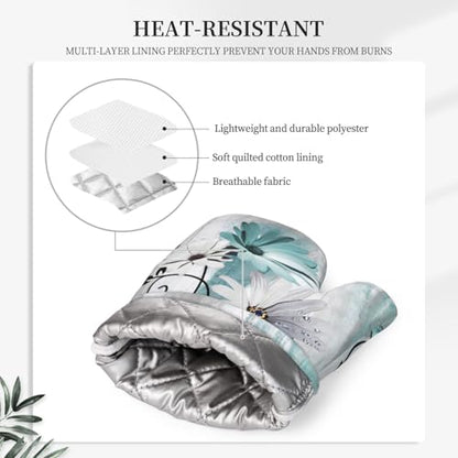 Teal Daisy Oven Mitts Pot Holders Set Silicone Heat Resistant Farm Teal Daisy Floral Flowers and Butterfly Oven Mitts and Hot Pads Potholders Non-Slip Oven Gloves for BBQ - color: Teal