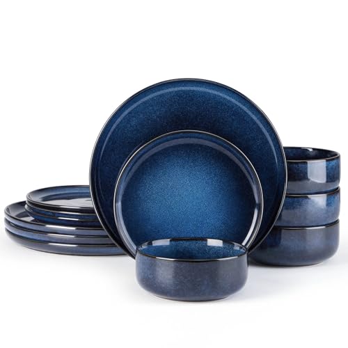 E-far Dinnerware Sets for 4, 12-Piece Stoneware Plates and Bowls Set, Ceramic Dishes Reactive Glaze Dinning Ware, Microwave & Dishwasher Safe - Deep Sea Blue - color: Deep Sea Blue, size: Service for 4