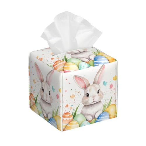 Tissue Box Cover Square,Cute Easter Rabbit and Eggs Tissue Box Holder Waterproof Leather Facial Paper Case Modern Home Decoration for Bedroom Dresser Night Stand Office Desk - color: Color17