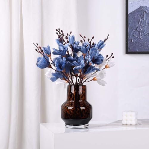 Amber Vase – Brown Glass, Modern Clear Glass Vase with Wide Mouth for Flowers, Decorative Bottles for Home Decor, Farmhouse Centerpiece, Tortoise Shell Art Glass Vase for Living Room, Kitchen, Office