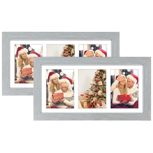 Golden State Art Collage Frame 7x14 Matted 3 4x6 Photos Wood Grey, 2 Pack | Clear Real Glass and White Mat, Horizontal & Vertical Display Multi Pictures For Gallery Wall, Home Decor & Holiday Gift - color: Grey With White Mat, size: 2 Pack