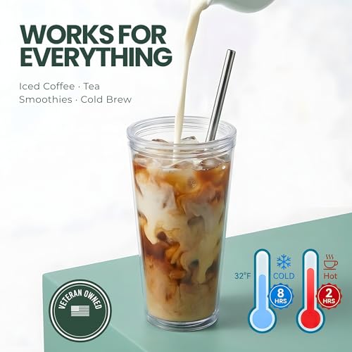 Reusable Iced Coffee Cup with Lid and Straw, 24 oz/Venti, BPA-Free Double-Wall Insulated Plastic Tumbler for Cold Drinks, Includes Clear Plastic Straw, Stainless Steel Straw and Cleaning Brush, White - color: White, size: 24 Ounces