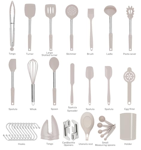 Silicone Kitchen Cooking Utensils Set with Stainless Steel Handle, Spatula Set Utensil Set, Cooking Utensil Set,Kitchen Tools Gadgets for Nonstick Cookware (35, Khaki) - color: Khaki