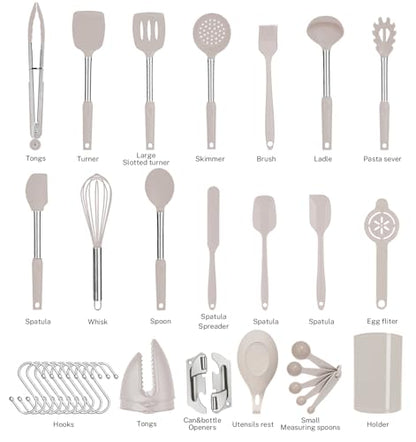 Silicone Kitchen Cooking Utensils Set with Stainless Steel Handle, Spatula Set Utensil Set, Cooking Utensil Set,Kitchen Tools Gadgets for Nonstick Cookware (35, Khaki) - color: Khaki
