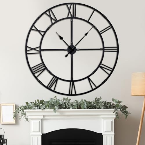 48in Large Silent Wall Clock, Easy Assembly Roman Numeral Black | Non-ticking metal farmhouse wall clock, easy assembly, oversized living room decorative decor - color: Black Metal Wall Clock, size: 48inch