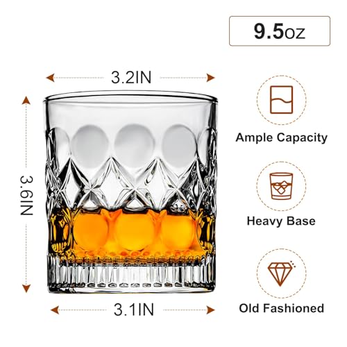 PARACITY Whiskey Glasses Set of 2, Old Fashioned Rocks Cocktail Glasses | Carved pattern and circular indents offer easy grip for ice balls, bourbon, Scotch, cocktails, bars, parties, or home use.