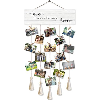 Love Makes A House Family Photo Hanging Display Board with 16 Clips, Rustic Wood Picture Collage Frame with Tassels Farmhouse Wall Decor - color: Love Makes A House