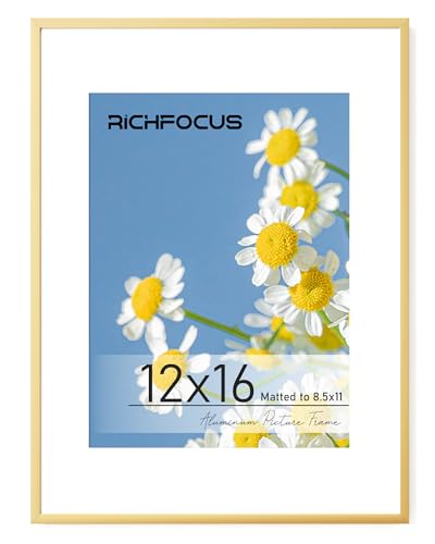 RICHFOCUS 12x16 Frame Gold|12x16 Picture Frame with Mat for 8.5x11|12 x 16 Metal Aluminum Photo Frames for Wall Modern Decor|Hanging Hardwares Included, Set of 1 - color: Gold, size: 12x16-1P-Plexiglass