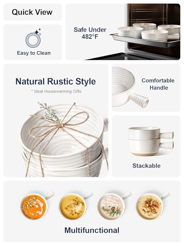 LE TAUCI French Onion Soup Bowls, 18 Ounce Soup Bowls With Handles for Chili, Beef Stew, Onion Soup Crocks Microwave Dishwasher Oven Safe - 5.5 inch, Set of 4, Arctic White - color: Farmhouse