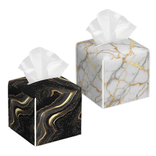 Black White Gold Marble 2 Pcs Tissue Box Holder Square Tissue Box Cover Facial Cube Napkin Organizer Dispenser for Bedroom Office Bathroom Decor - color: Black White Gold Marble