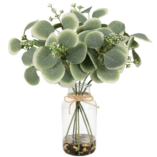 14" Artificial Eucalyptus Stems in Glass Vase with Faux Water, Gradient | Fake Eucalyptus Leaves with Realistic Faux Water and Stones for Indoor Table Centerpieces Shelves Desks Bathrooms Home Decor - color: Gradient Green