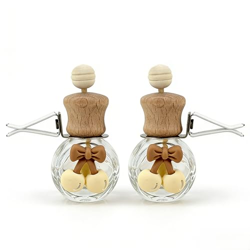 2 Pack Bow Refillable Car Vent Clip Diffuser Empty Glass Bottle | Wood cap aroma bottle with dropper, DIY essential oil freshener for car closet home bathroom - size: Bear-A2 - 2PCS