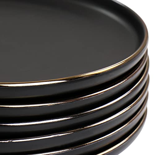 with Gold Stoneware Salad Plate 6 Piece Set Black Solid Modern Contemporary Round Dishwasher Safe