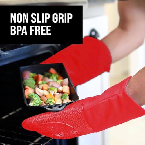 BPA-Free Silicone Oven Mitts Ultra Heat Resistant up to 500°F - Oven Mitts with Thick Cotton Liner - Long Slip Resistant Pot Holders, Flexible Oven Gloves - Canyon Red 13.7 - color: Red, size: 2-Piece 13.7" Oven Mitts