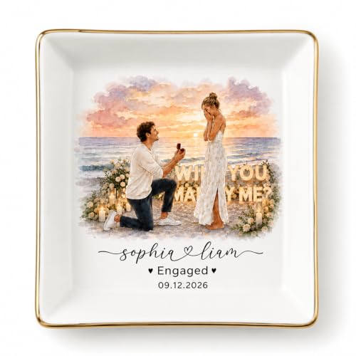 LullabyMall Luxury Custom Photo Watercolor Couple Portrait Ring Dish, Customized Engagement Ring Holder, Bride Jewelry Tray, Wedding Gifts for Bride 3 - color: Square