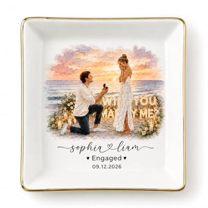 LullabyMall Luxury Custom Photo Watercolor Couple Portrait Ring Dish, Customized Engagement Ring Holder, Bride Jewelry Tray, Wedding Gifts for Bride 3 - color: Square
