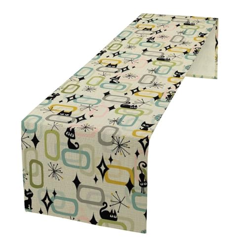 Mid Century Cat Table Runner, Flag Retro Atomic Starburst 1950s Abstract Geometric Tabletop Decoration for Home Kitchen Restaurant 13x36in - color: Mid-1, size: 13x36in