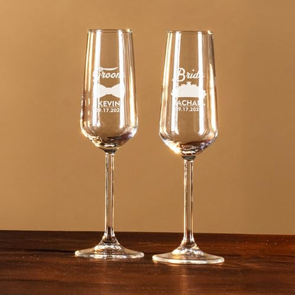 Personalized Bride and Groom Champagne Flutes – Bow Tie & Crown Design Wedding Glasses, Custom Names & Date, Wedding Toast Champagne Glasses (Champagne Flutes-D5) - color: Champagne Flutes-D5