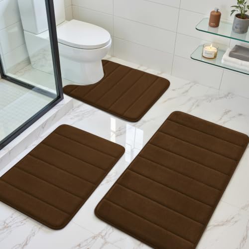 BYSURE Brown Memory Foam Bathroom Rug Set 3 Piece, Non Slip Extra Soft Absorbent Bath Mats, Machine Washable & Dry Toilet Mat Sets for Bathroom Floor | Non Slip Extra Soft Absorbent Machine Washable Toilet Bath Toilet Mat for Shower, for Bathroom - color:
