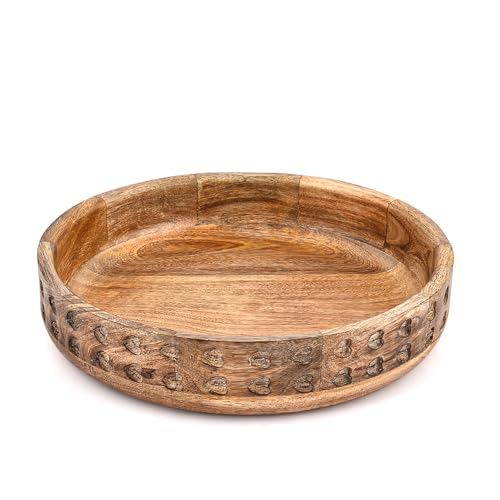 Handmade Mango Wood Centerpiece Bowl – Natural Exterior with Burnt Round Detail | Decorative Wooden Bowl for Farmhouse, Boho & Modern Homes (12" X 12" X 2.5")