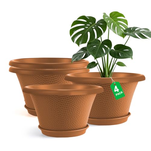 Quarut 12 Inch Pots for Plants,4 Pack Large Flower Pots with Saucer | Modern Planters for Indoor Outdoor Plants,Decorative Resin Garden Pots with Drainage Holes(Orange) - color: Diamond Pattern-orange, size: 12 inch-4 Pack