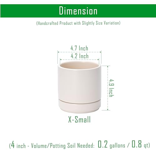 D'vine Dev 4-Pack Ceramic Pots with Saucers, Oatmeal, 4.7 in, 94-X-B-8 | Glazed Ceramic, Drainage Hole and Saucer, Sleek Cylinder Shape, High Temperature Fired, Ideal for Small Houseplants - color: Oatmeal, size: 4.7 Inch