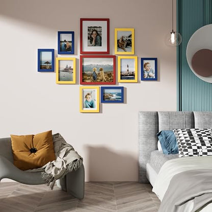 Vittanly 10 Pack Gallery Wall Frame Set, Red, Yellow, Blue | Gallery Wall Frame Set: 2pcs 8x10, 4pcs 5x7 & 4pcs 4x6 Photos for Wall & Table, Picture Frames made of Engineered Wood - color: Red & Yellow & Blue