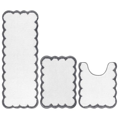 Pauwer Bathroom Rug Sets 3 Piece, Scalloped Bath Rugs, White and Dark Grey | Non Slip Washable Bath Mat With U-Shaped Toilet Rug, Extra Absorbent Quick Dry, For Floor Sink - color: White and Dark Grey