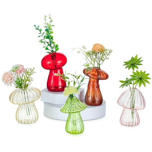 Glasseam Mushroom Plant Propagation Station, Set of 5 Glass Terrarium Jars | Colorful Handmade Small Hydroponic Planters for Indoor Pothos Cutting Propagate, Home Decor, Gifts for Plant Lovers - size: 5Pcs