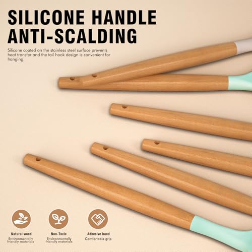 Silicone Cooking Utensils Set - AVGPD Silicone Kitchen Utensils for Cooking Wooden Handles, 446°F Heat Resistant Kitchen Utensil Spatula Sets, Gadgets for Non-Stick Cookware BPA FREE (Multicolour) - color: Multicolour