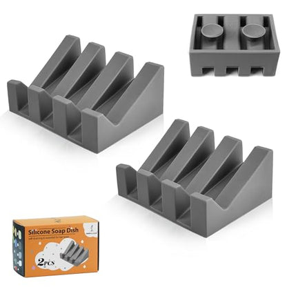Silicone Soap Dish Self Draining with Suction Cups (Gray, 2 Pack) | Waterfall drainage design drains fast to keep soap dry silicone soap saver with reusable suction cups for bathroom & kitchen - color: Gray, size: 2