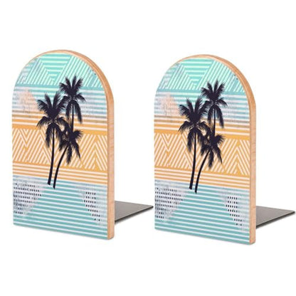 Palm Tree Geometric Pattern Bookends Wooden Bookend with Metal Base Non-Slip Book Stopper Heavy Duty Wood Book End Modern Bookends for Shelves for Bookshelf Office Supplies 1 Pair