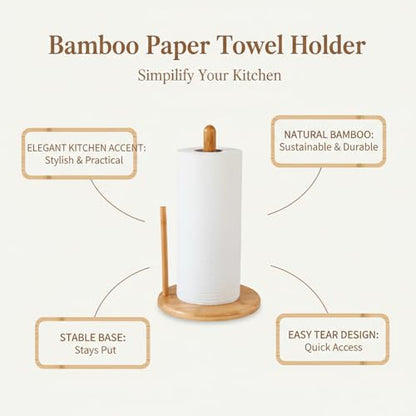Bamboo Paper Towel Holder, Natural Bamboo Wooden Countertop Standing Paper Towel Holder, Free-Standing Kitchen Roll Hanger Rack for Dining Table Bathroom Bedroom Living Room - color: Roud Shape Base