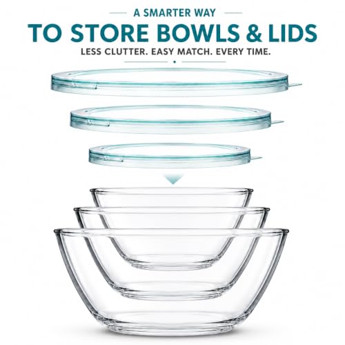 Luvan Glass Mixing Bowls with Lids Set(4.5QT, 2.7QT, 1.1QT)-Large Glass Mixing Bowls, Clear Salad Bowl for Baking, Cooking, Serving, Food Prep, 3PC Nesting Bowls for Kitchen Storage & Dishwasher Safe - color: 3 Pack Clear Blue