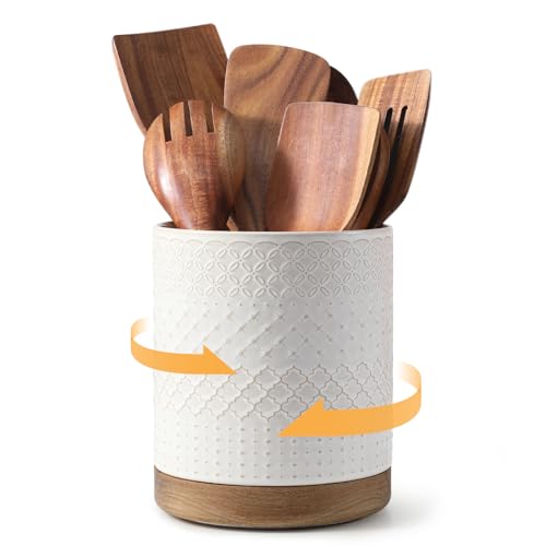 DOWAN 360° Rotating Extra Large Cooking Utensil Holder, 7.6" Kitchen Utensil Holder for Countertop, Utensil Crock for Farmhouse Kitchen Decor, Ceramic Stable Utensil Caddy, White Embossed - color: White Embossed