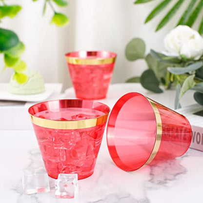 LUODA 150PCS Red Plastic Cups, 9oz Clear Red Disposable Cups with Gold Rim | Old Fashioned Tumblers Gold Rimmed Red Plastic Cups,Unbreakable cups for Any occasion: Weddings, Parties, Business Events - color: Red