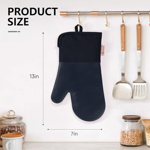 YUTAT Silicone Oven Mitts,High Heat Resistant Up to 500 Degrees,Waterproof Cooking Gloves with Soft Polyester Filling,Kitchen Potholder Set - Perfect for BBQ,Baking and Cooking,2 Pcs Set(Deep Blue) - color: Dark Blue-striped Surface, size: 13“L x 7"W-2 Pi