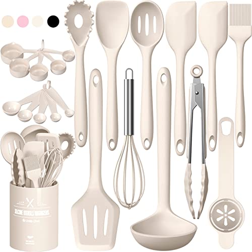 Umite Chef 22-Piece Silicone Cooking Utensils Set，Heat Resistant & Dishwasher Safe Kitchen Tools, Black Non-Scratch Spatula Set for Nonstick Cookware (Khaki) - color: Khaki