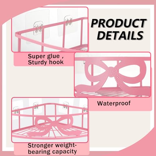 2 Pcs Pink Corner Shower Caddy Pink Bow Shower Shelves Organizer No Drilling Coquette Corner Caddy with 5 Adhesive Hooks Preppy Wall Mounted Decor Shelves for Bathroom Kitchen Bedroom Dorm - style: Bow