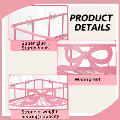 2 Pcs Pink Corner Shower Caddy Pink Bow Shower Shelves Organizer No Drilling Coquette Corner Caddy with 5 Adhesive Hooks Preppy Wall Mounted Decor Shelves for Bathroom Kitchen Bedroom Dorm - style: Bow