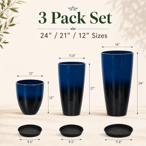 Neoaider Set of 3 Tall Planter, 24/21/12in Large Plastic Planter, Dark Blue | Ceramic-Look, Lightweight, Built-in Drain Hole, Saucers, Tall Outdoor Planter for Porch, Garden, Patio, Balcony - color: Dark Blue