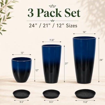 Neoaider Set of 3 Tall Planter, 24/21/12in Large Plastic Planter, Dark Blue | Ceramic-Look, Lightweight, Built-in Drain Hole, Saucers, Tall Outdoor Planter for Porch, Garden, Patio, Balcony - color: Dark Blue