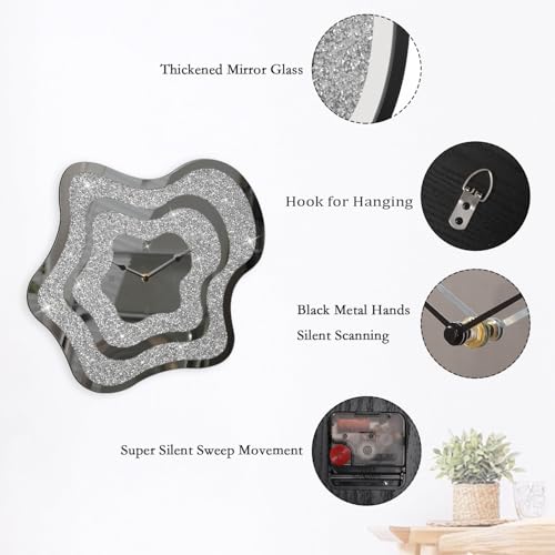 Silver Irregular Mirror Glass Wall Clock Crush Diamond Mirrored Wall Clock for Wall Decor Perfect for Living Room Bedroom Dining Room Office Home Decor - style: Star