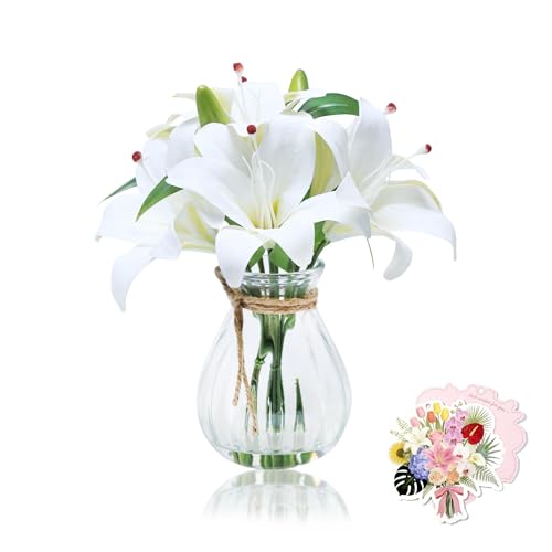 11" Artificial White Silk Lily in Glass Vase with Faux Water for Home Decor | Zero-Maintenance Silk Lily Floral Arrangement for Home Living Room Office Desk Decor & Party,Perfect Housewarming Gift - color: White Lily With Glass Vase